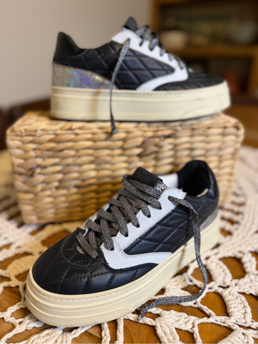 P448 Thea Platform Sneakers 38 Black Quilted Leather Glitter glam grunge